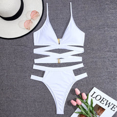 Cross back solid button v neck hollow out bikini swimwear