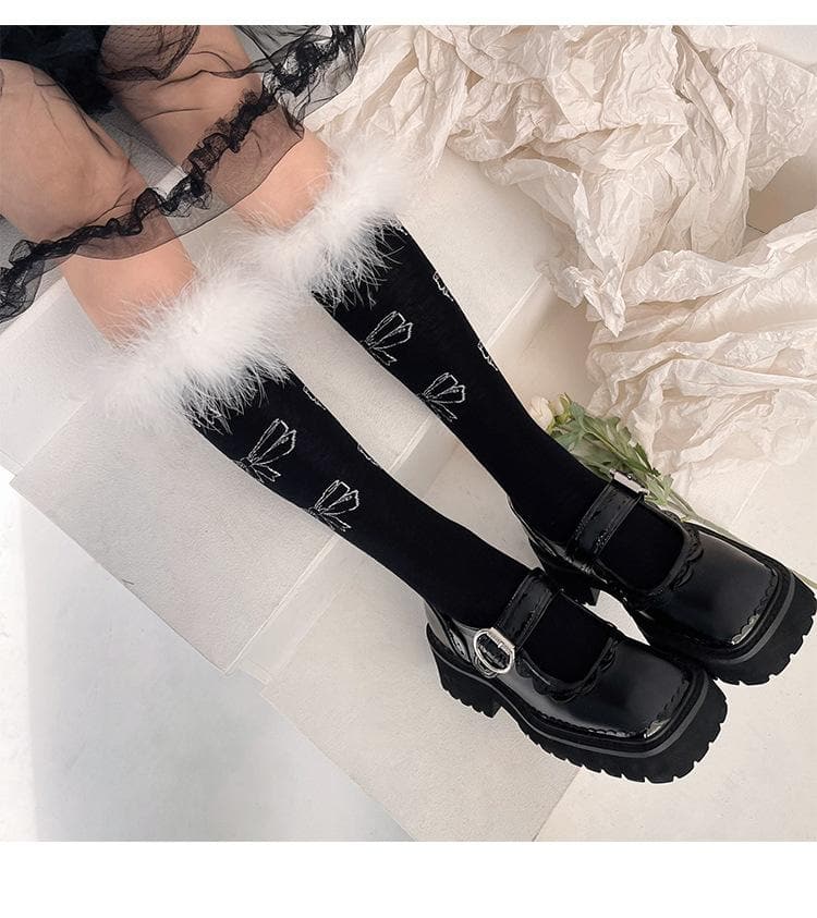 Feather lace bowknot pattern knee high socks