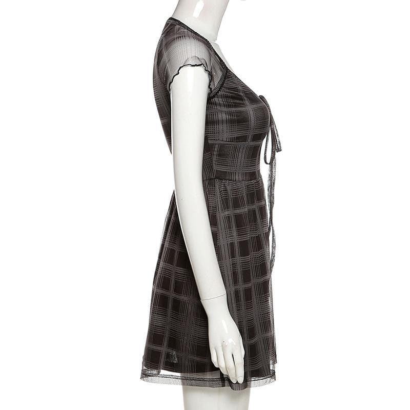 Mesh short sleeve plaid A line ruffled dress