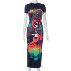 Abstract short sleeve backless contrast midi dress