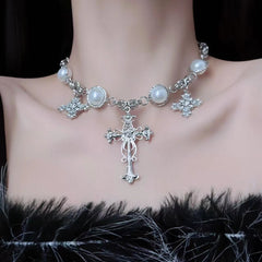 Faux pearl cross pendant choker necklace