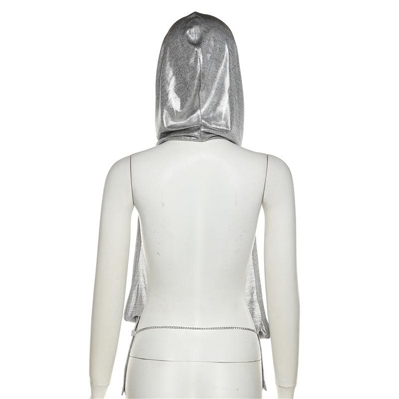 Metallic metal chain cowl neck ruched hoodie backless top