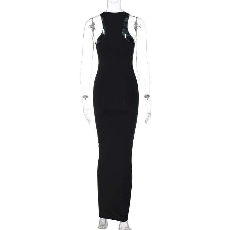 Beaded body print sleeveless contrast round neck maxi dress