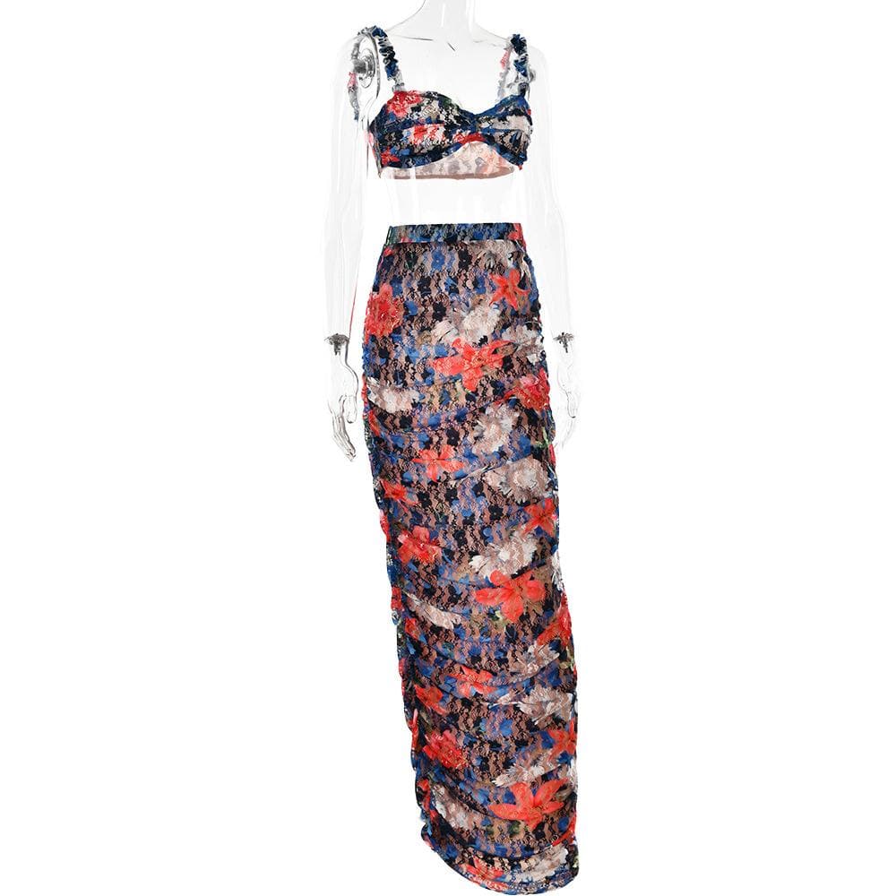 Flower print ruffle contrast ruched lace maxi skirt set