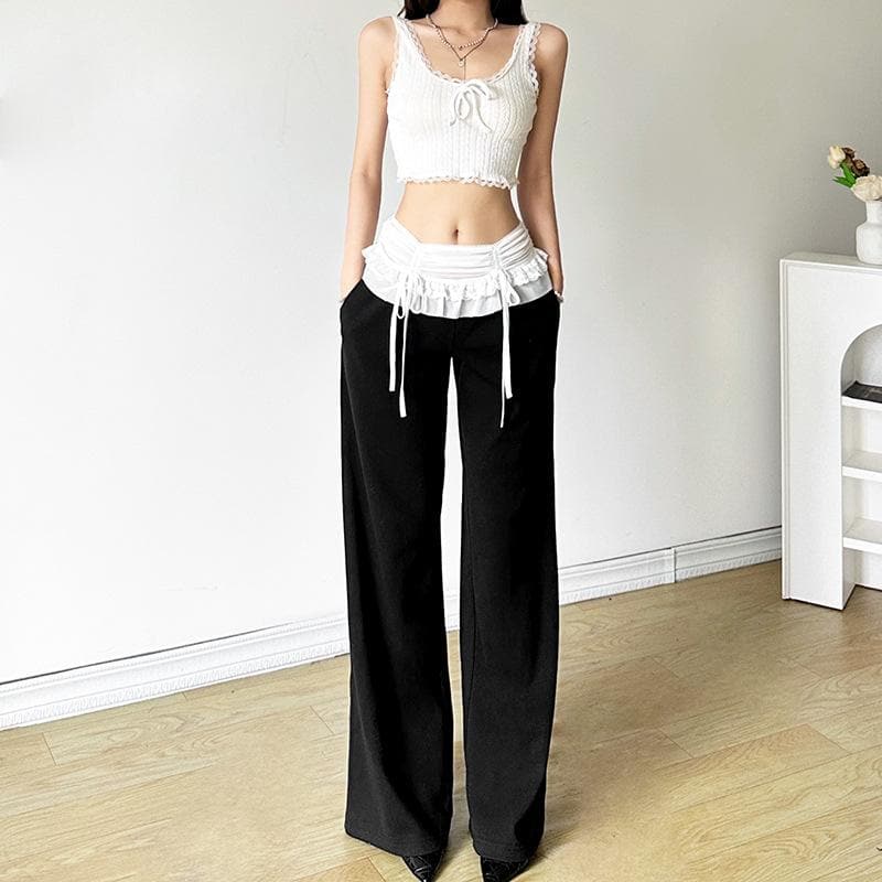 Mesh patchwork lace hem ruched low rise pant