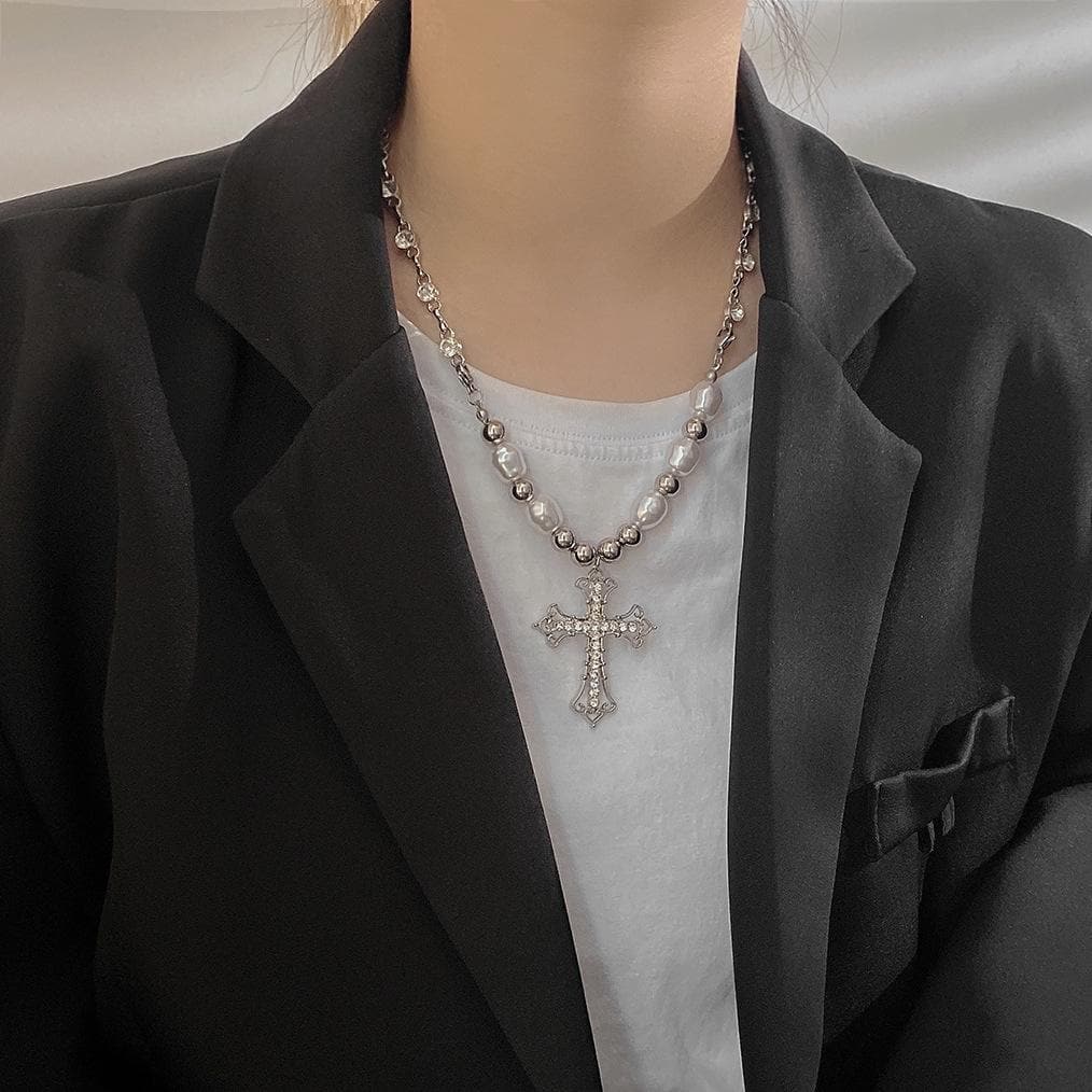 Beaded cross pendant rhinestone necklace