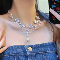 Faux pearl layered rhinestone choker necklace