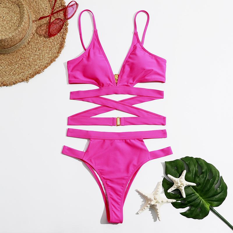 Cross back solid button v neck hollow out bikini swimwear