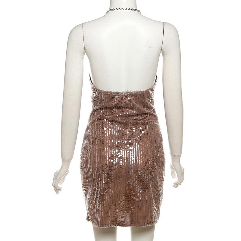 Glitter cowl neck halter ruched metal chain backless mini dress