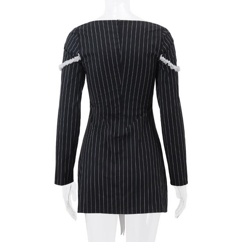 Bowknot striped long sleeve square neck zip-up contrast mini dress