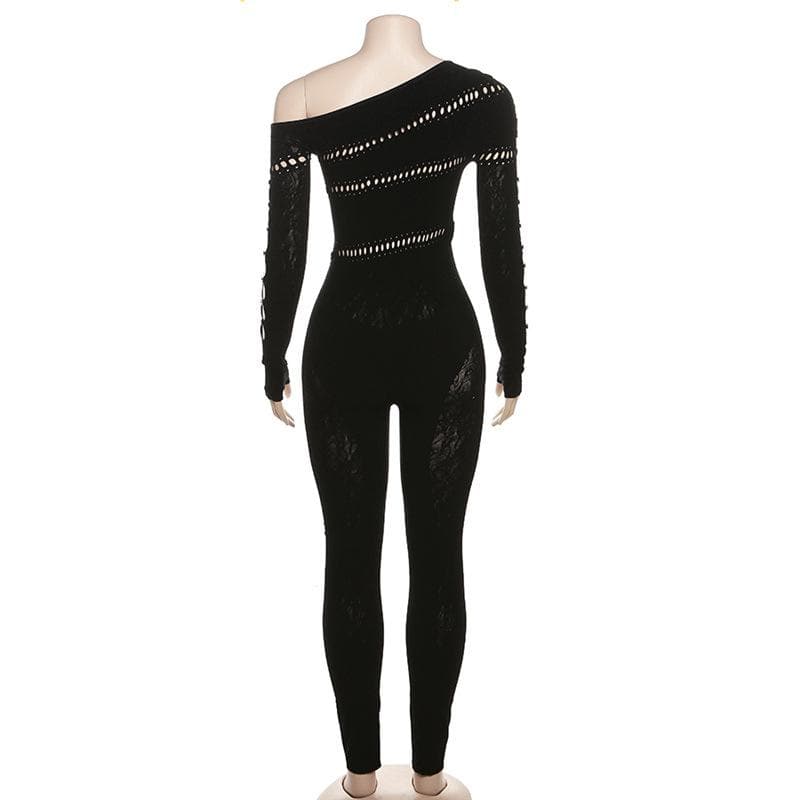 Beaded hollow out off shoulder fishnet long sleeve irregular jumpsuit