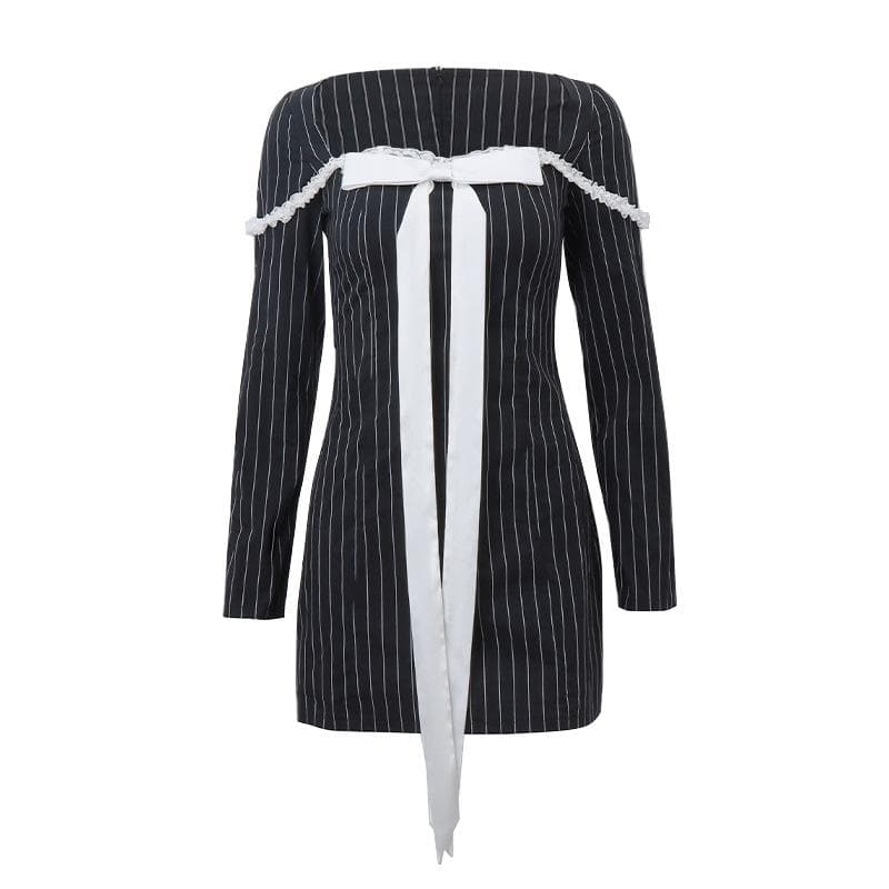 Bowknot striped long sleeve square neck zip-up contrast mini dress