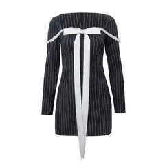 Bowknot striped long sleeve square neck zip-up contrast mini dress