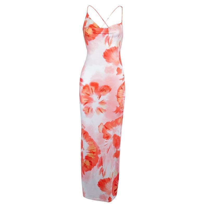 Cross open back tie dye maxi dress