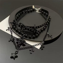 Cross star pendant beaded PU leather choker necklace