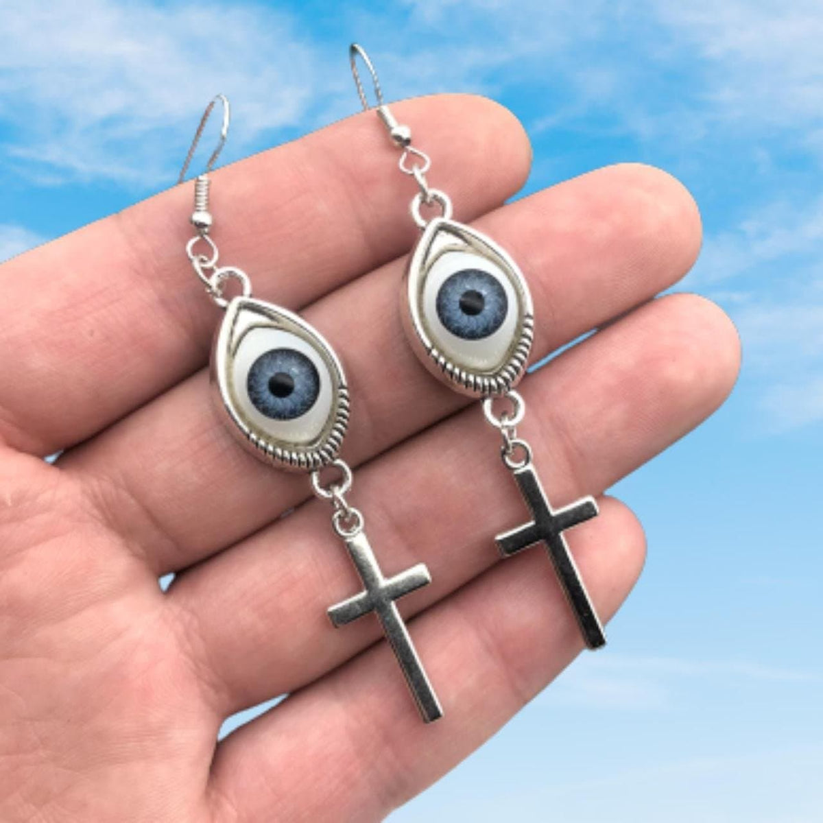 Blue eyes decor cross pendant drop earrings