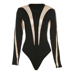 Crewneck long sleeve patchwork contrast bodysuit