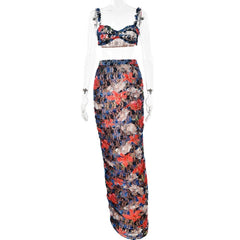 Flower print ruffle contrast ruched lace maxi skirt set