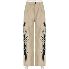 Abstract high rise button pocket contrast straight leg pant