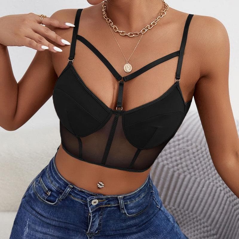 Mesh backless low cut bustier solid hollow out cami cut out top