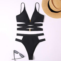 Cross back solid button v neck hollow out bikini swimwear