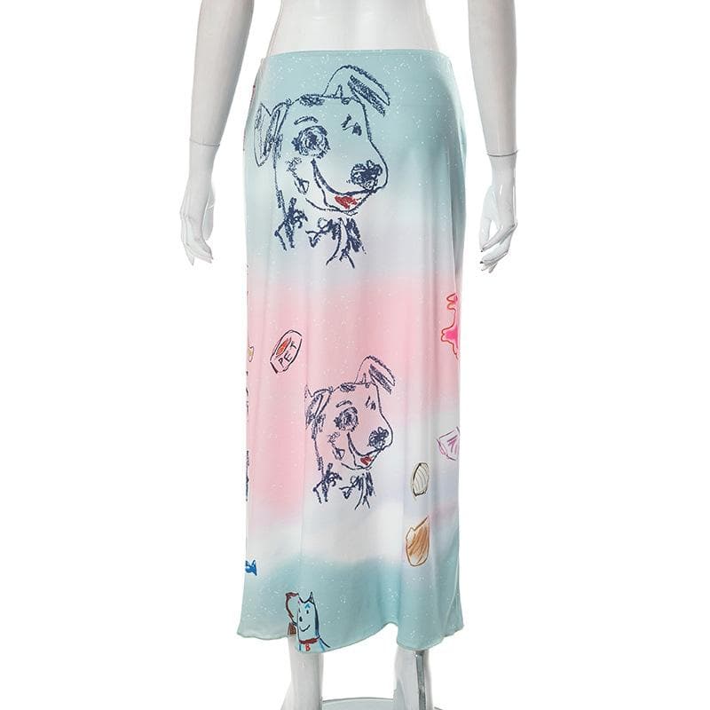 Dog pattern low rise tie dye contrast maxi skirt