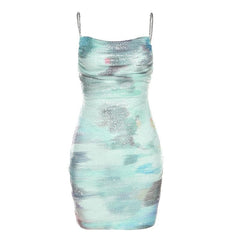 Backless metal chain glitter tie dye contrast ruched mini dress