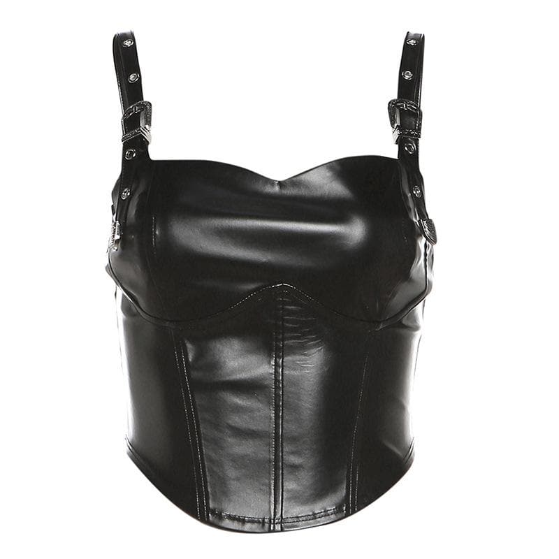 Buckle solid PU leather zip-up backless crop top