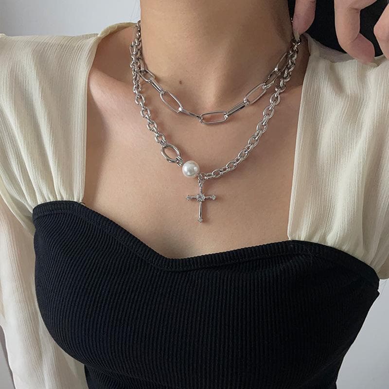 Cross faux pearl layered chain choker necklace