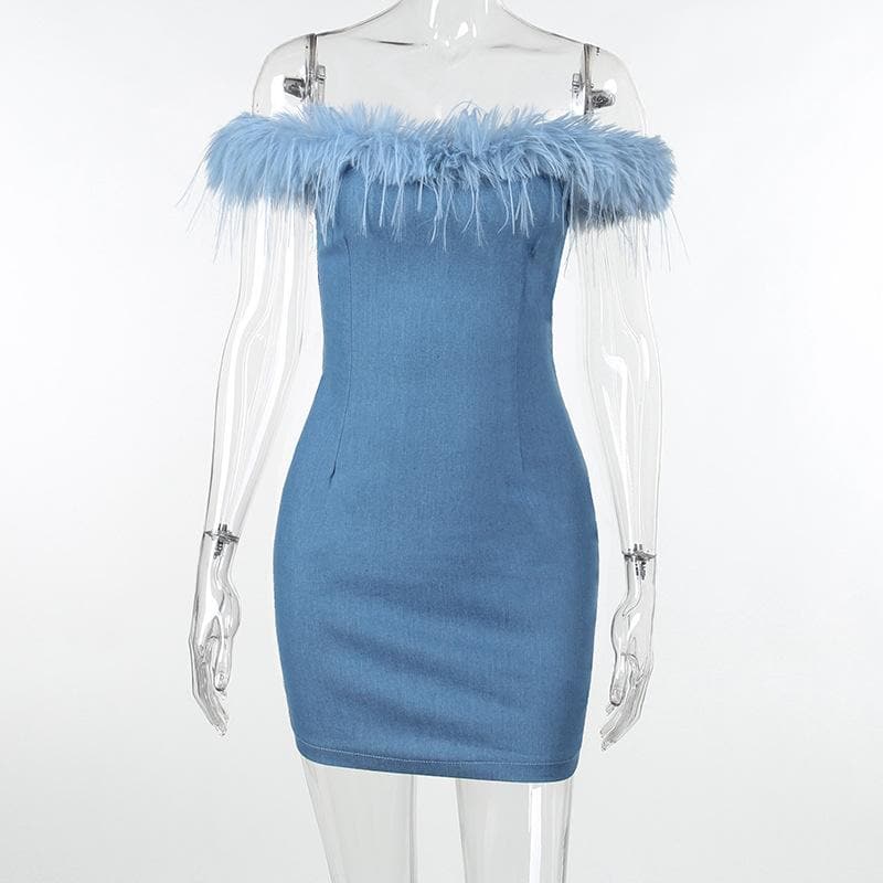 Feather off shoulder solid backless zip-up denim mini dress