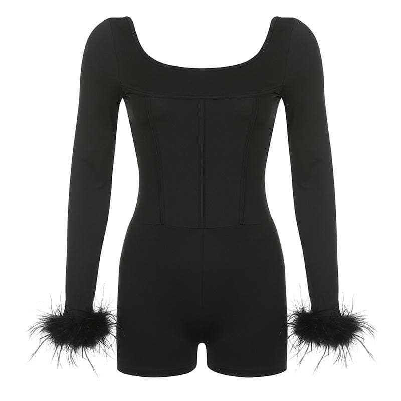 Feather corset long sleeve backless solid romper- Final Sale