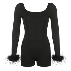 Feather corset long sleeve backless solid romper- Final Sale