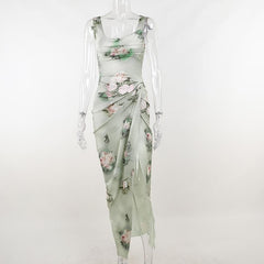 Flower print cowl neck contrast slit ruched sleeveless maxi skirt set