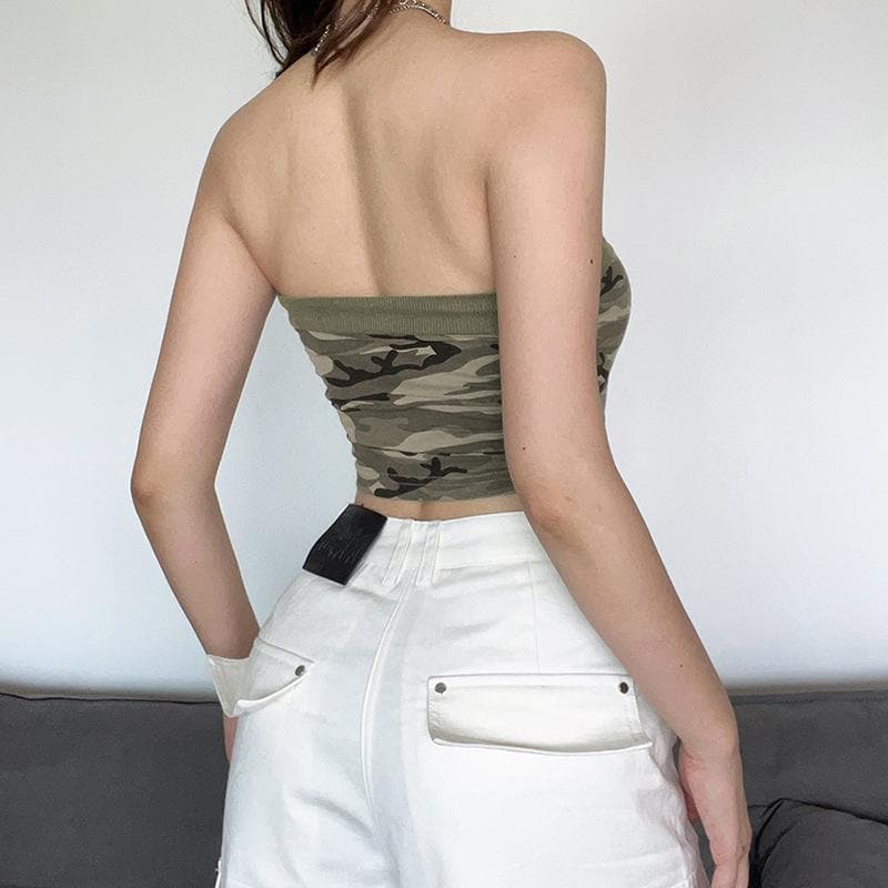 Drawstring camouflage backless contrast tube crop top