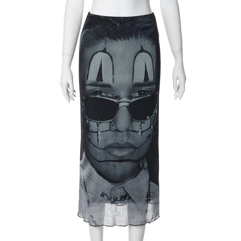 Abstract contrast print low rise mesh ruffle midi skirt