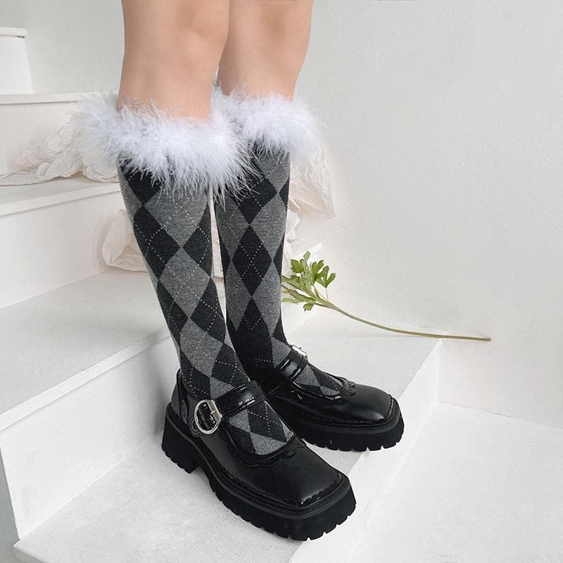 Feather plaid contrast knee high socks