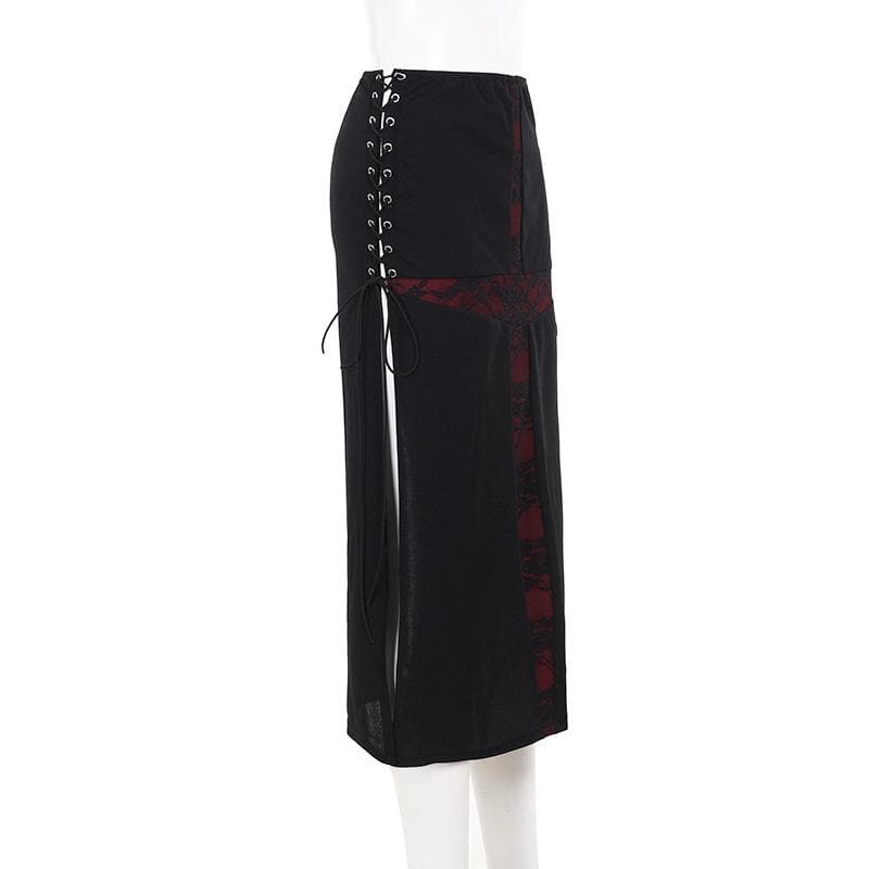 Cross lace lace up high slit midi skirt