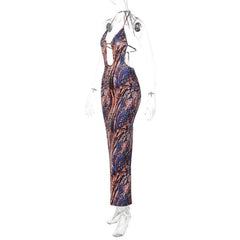 Backless hollow out halter self tie contrast print cut out maxi dress