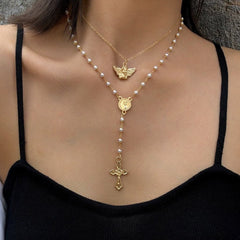 Angel cross pendant pearl layered necklace