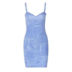 Denim print v neck backless cami mini dress