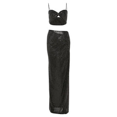 Glitter ruched slit cami maxi skirt set