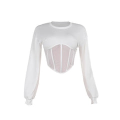 Long sleeve crewneck corset patchwork crop top