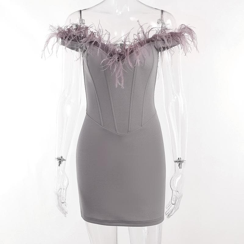 Feather backless zip-up off shoulder corset mini dress - Final Sale