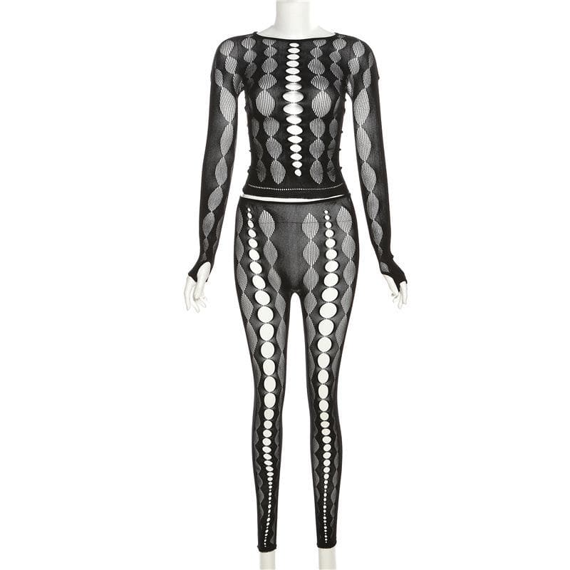 Fishnet long sleeve hollow out see through gloves solid pant set