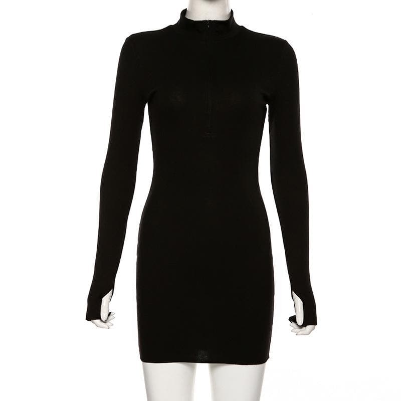 Gloves long sleeve solid zip-up high neck mini dress