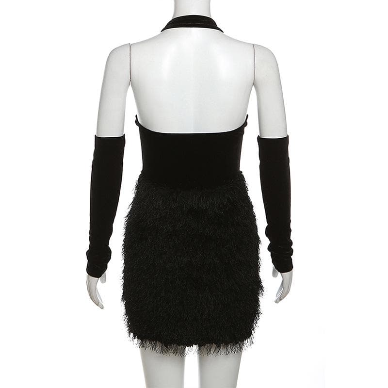 Fluffy mesh patchwork halter gloves solid backless mini dress- Final Sale