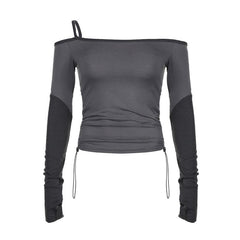 Drawstring one shoulder gloves off shoulder long sleeve top