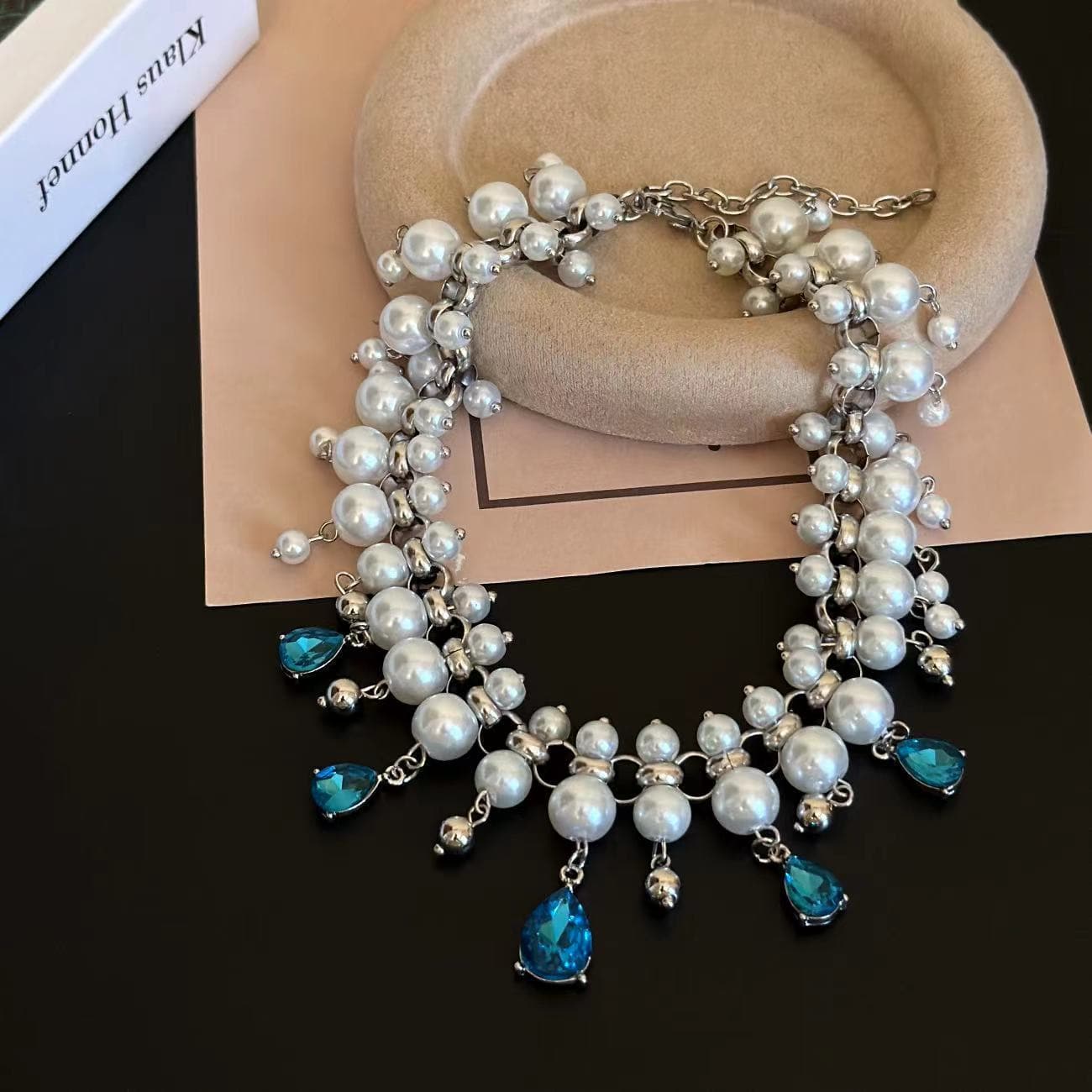 Faux pearl blue rhinestone choker necklace