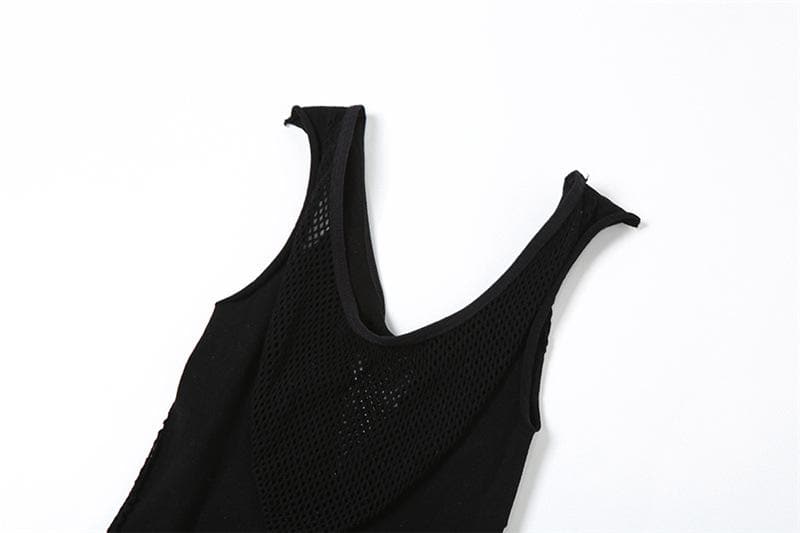 Fishnet sleeveless hollow out u neck solid jumpsuit