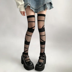 Bandage detail sheer mesh thigh high socks